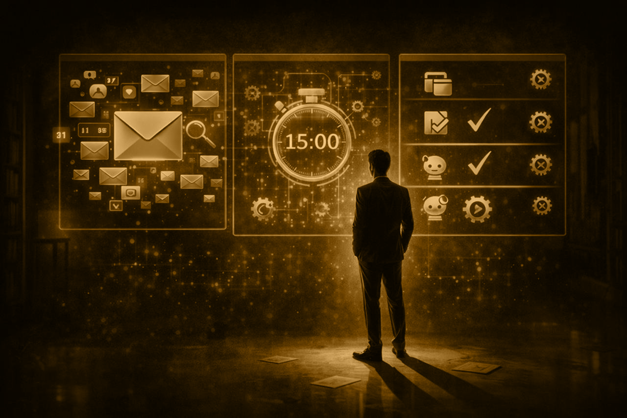 A dark figure representing a founder looking at the time saves using his email solutions