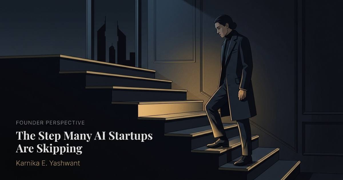 A lone founder standing before a single open laptop in a vast empty dark room, editorial illustration representing minimalist AI-powered company operations.