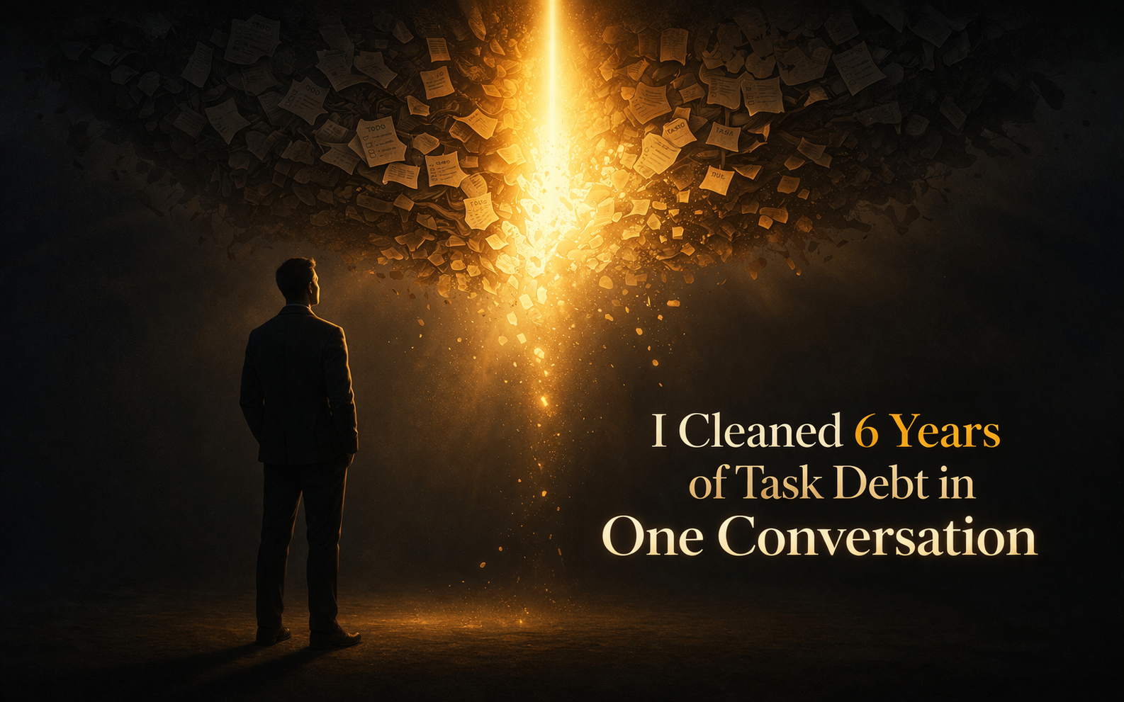 A dark editorial illustration of a lone founder observing a glowing structured grid of conversations hovering above a chaotic mass of tangled messages, symbolizing an AI layer organizing Telegram communication.