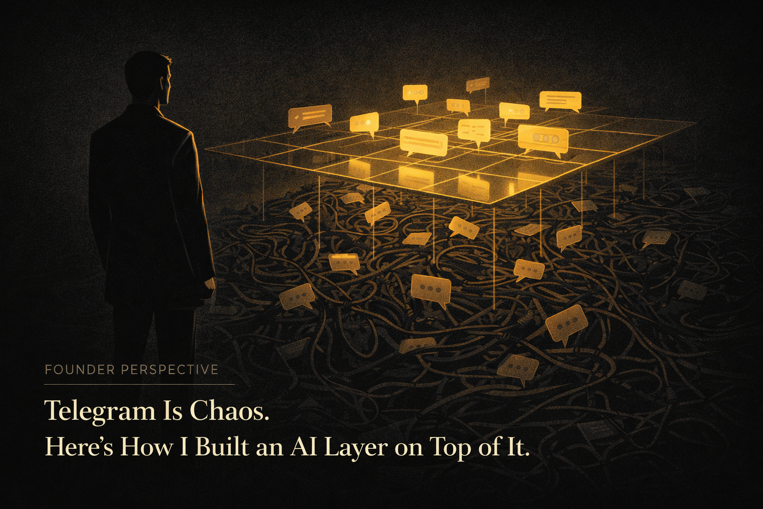 A dark editorial illustration of a lone founder observing a glowing structured grid of conversations hovering above a chaotic mass of tangled messages, symbolizing an AI layer organizing Telegram communication.